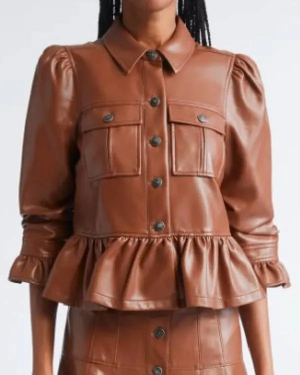 Today Nyakio Grieco Brown Leather Peplume Jacket