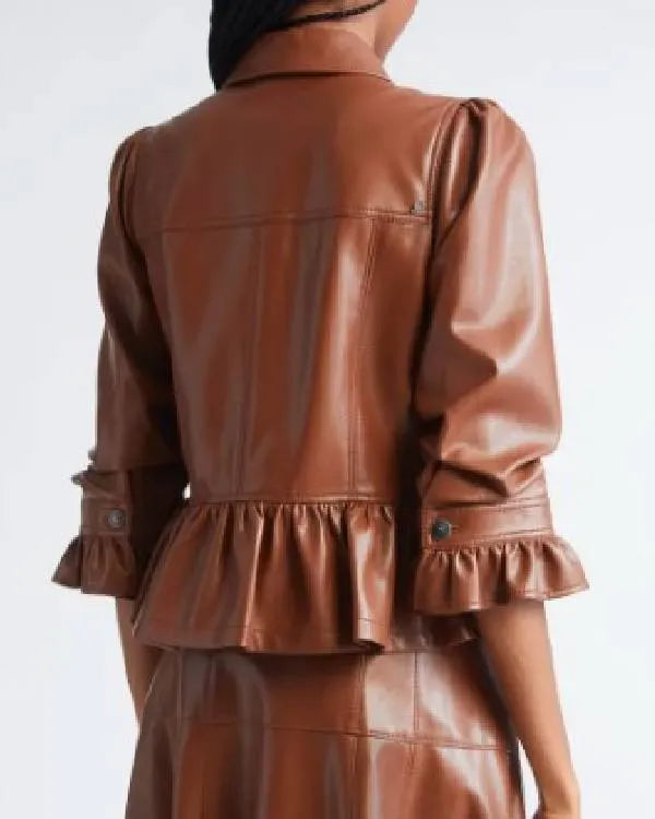 Today Nyakio Grieco Brown Leather Peplume Jacket