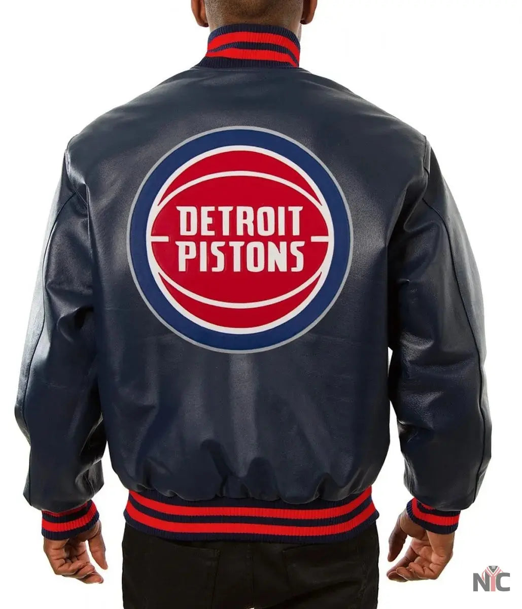 Varsity Detroit Pistons Navy Blue Leather Jacket Clanton Jacket
