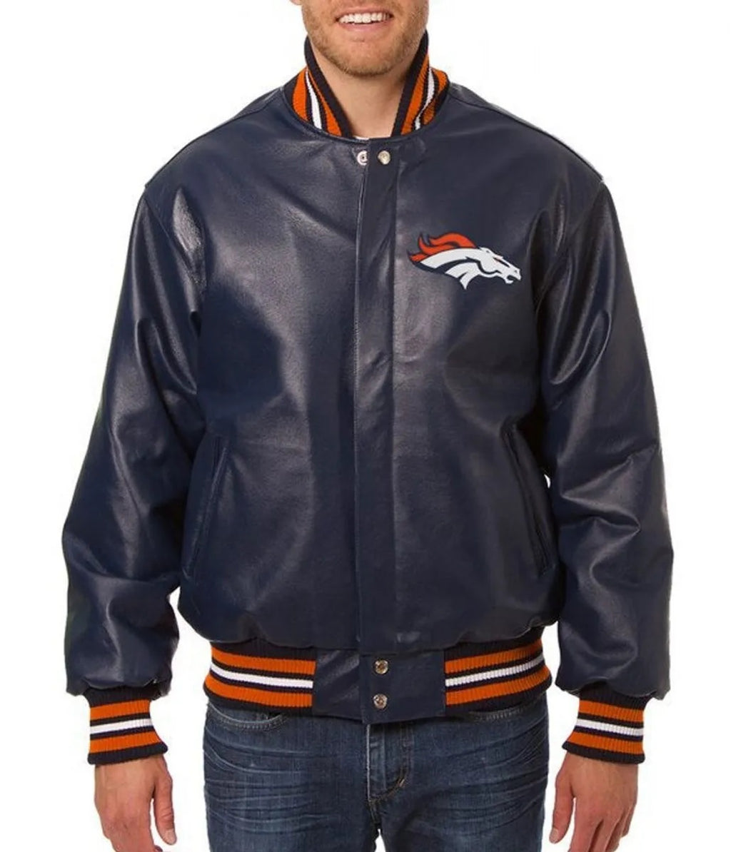 Varsity Denver Broncos Navy Blue Leather Jacket WorthVee