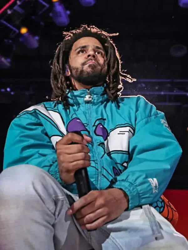 J. Cole 90s Char­lotte Hor­nets Blue Hooded Jack­et Clanton Jacket