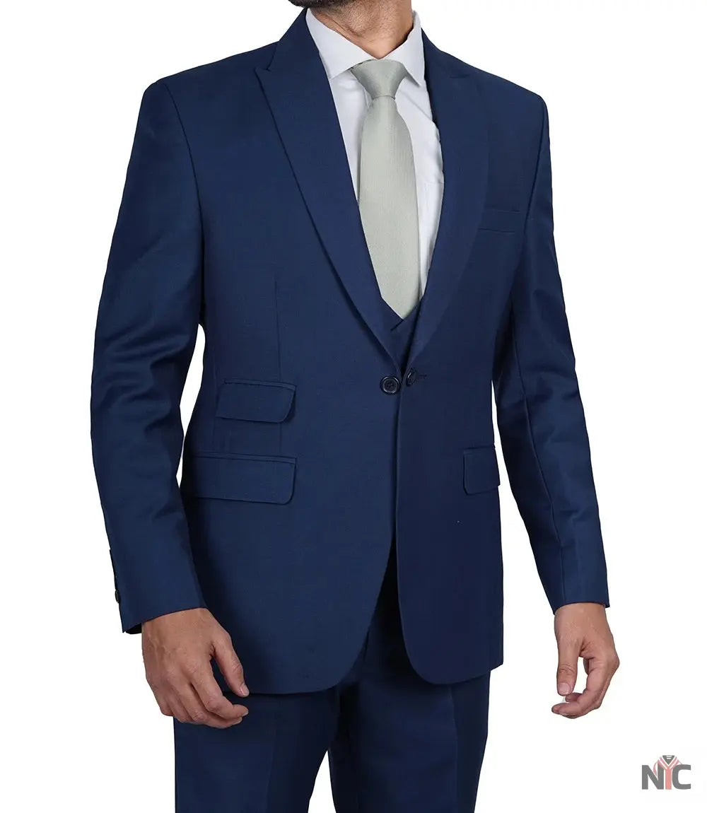 Vollmer Men's Blue Peak Lapel Three Piece Suit Clanton Jacket