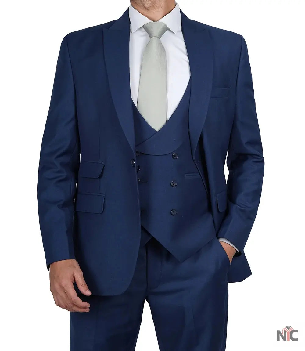 Vollmer Men's Blue Peak Lapel Three Piece Suit Clanton Jacket