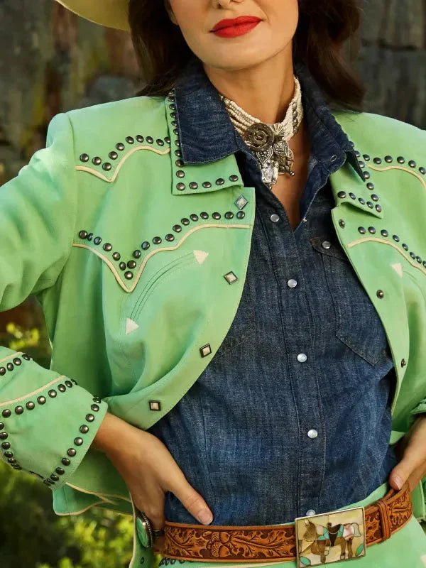 Women Rodeo Done & Dusted Leather Studded Jacket Clanton Jacket