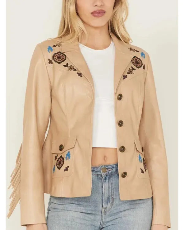 Women’s Embroidered Tan Fringe Leather Jacket