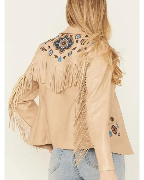 Women’s Embroidered Tan Fringe Leather Jacket