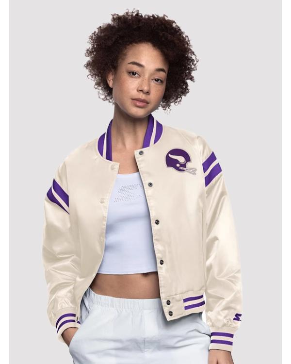 Women’s Minnesota Vikings Full-Snap Cream Satin Jacket Clanton Jacket
