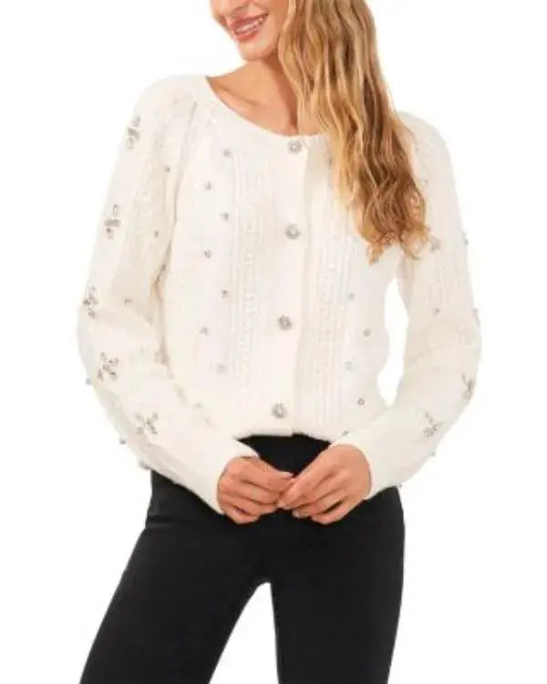 Women’s Rhinestone Cable Knit White Cardigan WorthVee