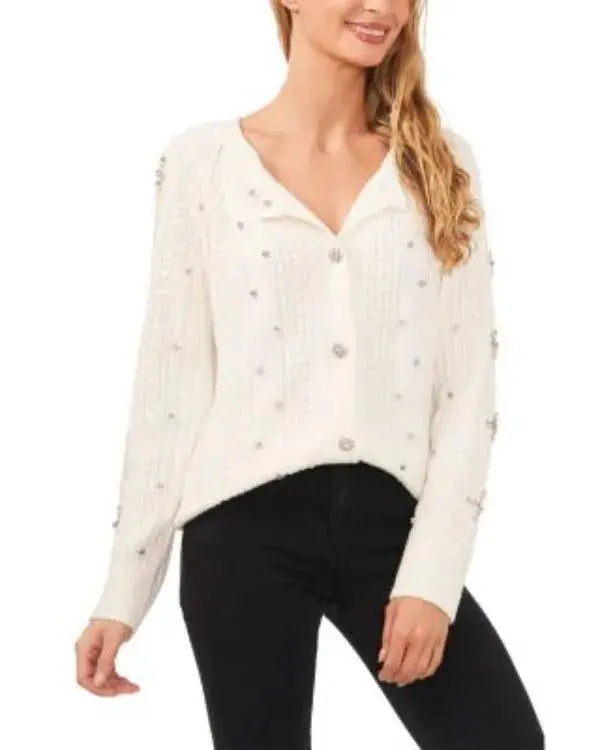 Women’s Rhinestone Cable Knit White Cardigan WorthVee