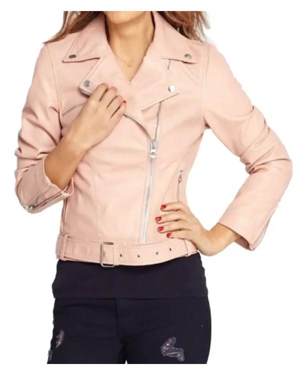 Women’s Baby Pink Asymmetrical Leather Jacket