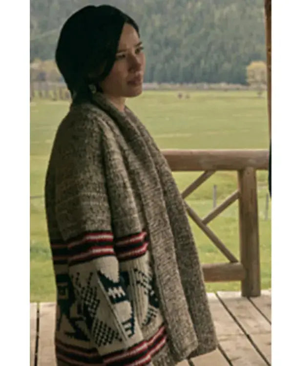 Yellowstone S05 Kelsey Asbille Grey Aztec Print Cardigan WorthVee