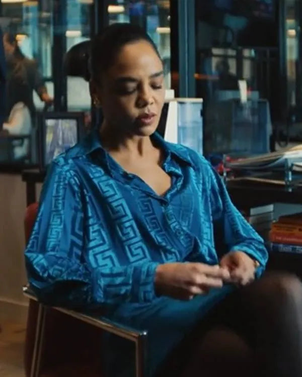 His and Hers S01 Tessa Thompson Blue Silk Blouse